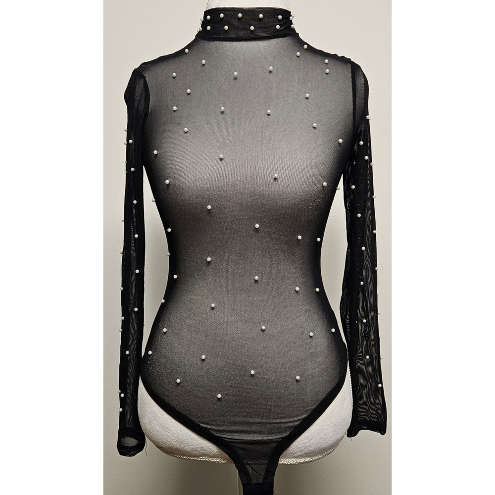 IRIS Black Mesh shirt Leotard with pearls Size Small